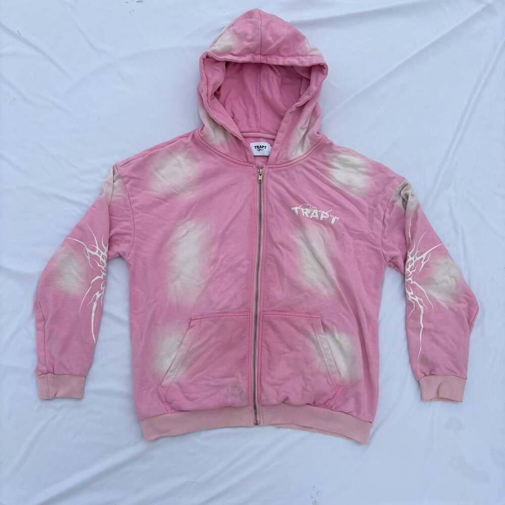 TRAPT Official Pink Tie-Dye Sun Bleached Zip-Up Hoodie with Graphic Sleeves